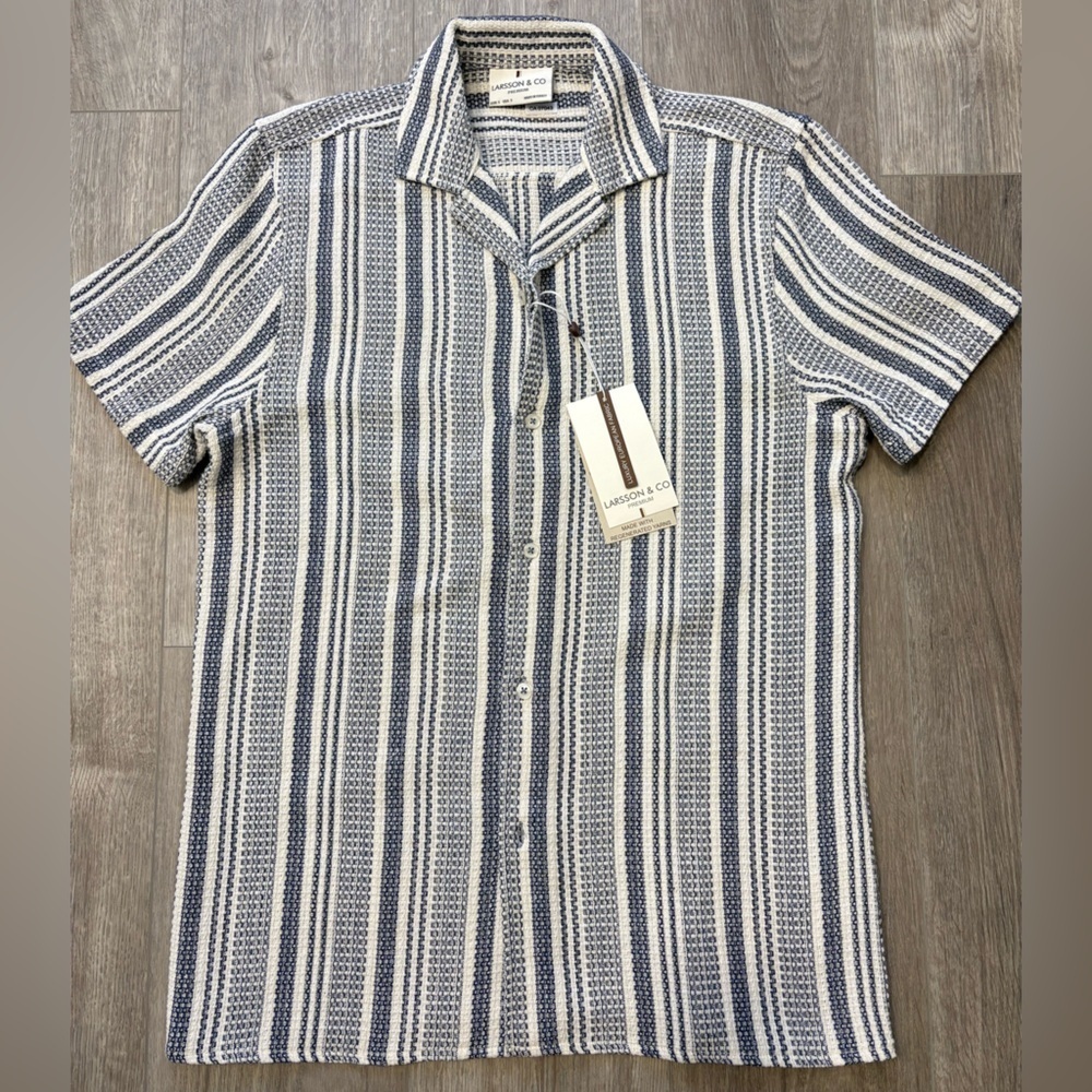 Larsson & Co. Resort Collar Stripe Polo Button-Down Shirt Navy Cream Size Small - Picture 2 of 13